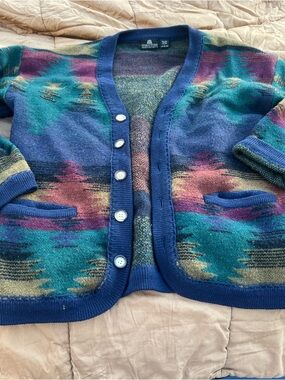 Vintage Structure Multicolor Aztec Knit Cardigan - Blue, Teal, Purple Size L